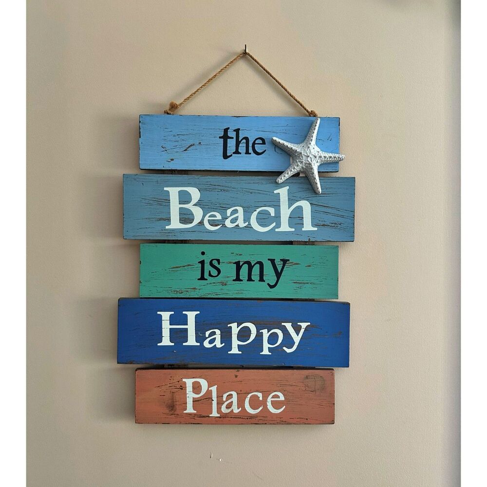 Hanging Wooden Plaque Sign "The Beach Is My Happy Place" Beach House Decor Ocean